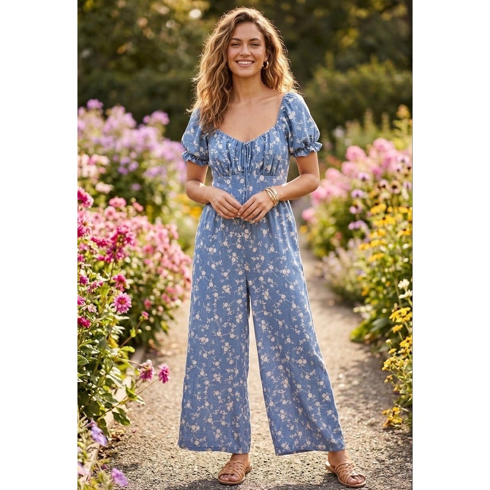 Inspired Hearts Blue Floral Puff Sleeve Wide Leg Jumpsuit L Cottagecore Pastel